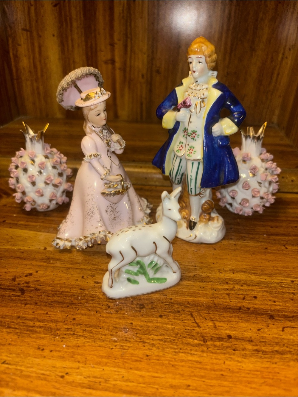 Hand-Painted Porcelain Victorian Couple Figurine Set with Pink & Blue Accents